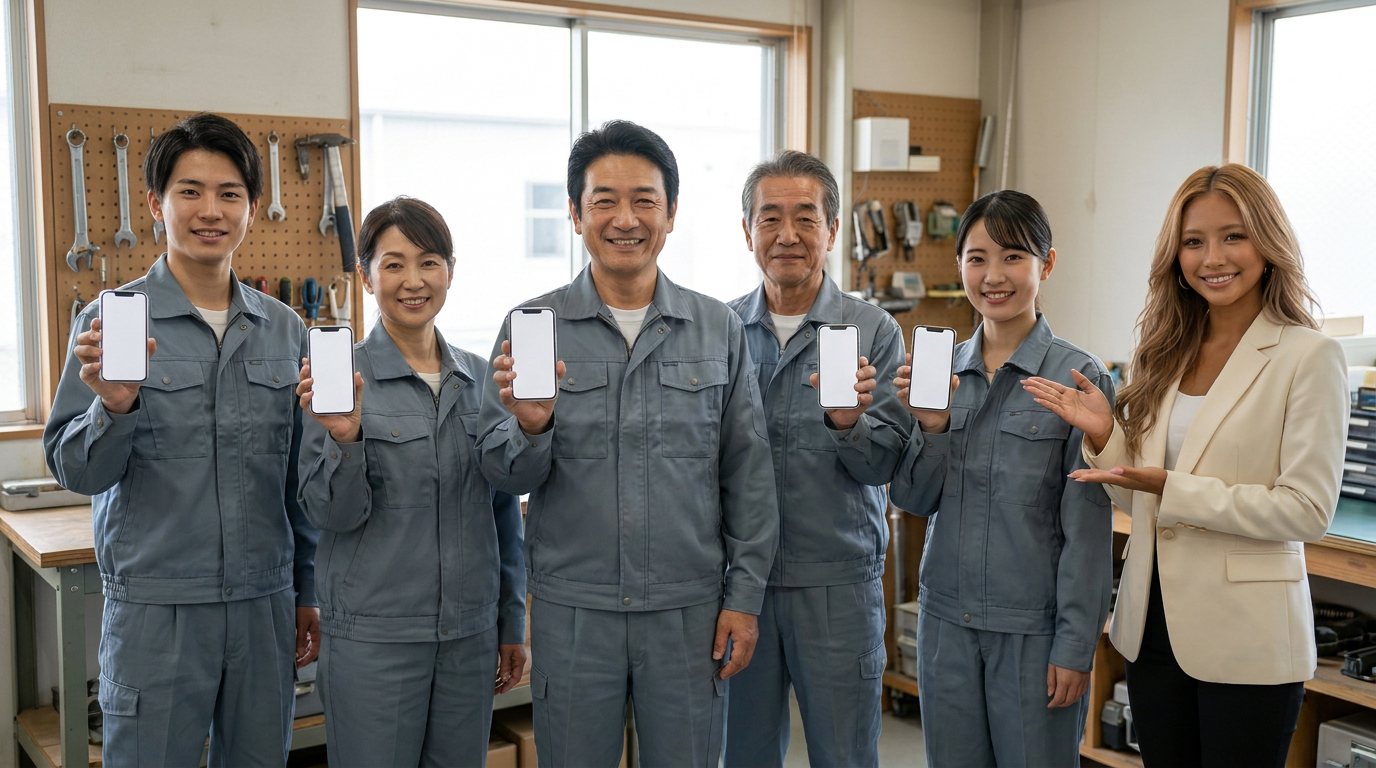作業服の社員5人が、それぞれスマートフォンを持っている様子